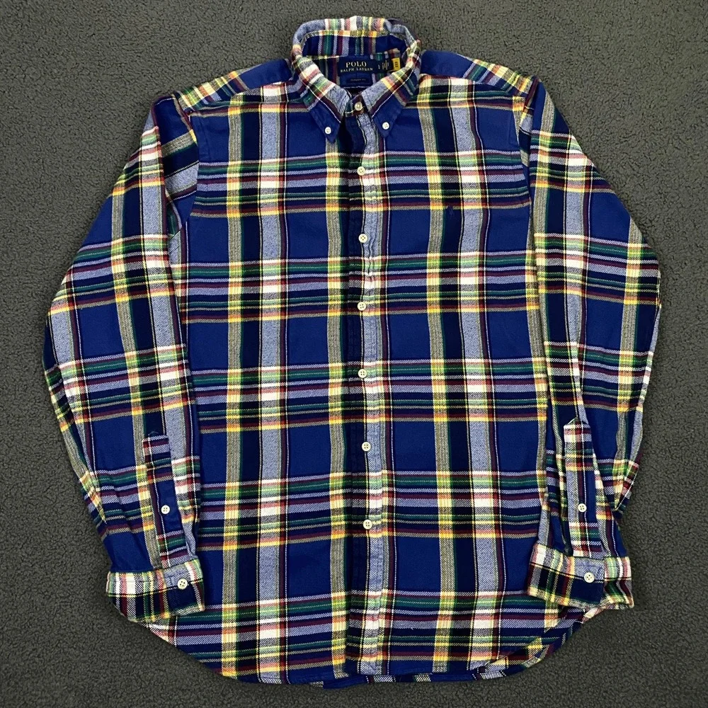 Polo Ralph Lauren Classic Fit Brushed Flannel Shirt Men Large Blue Pony Button